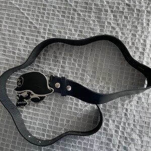 Metal Mulisha leather belt 43 inches long size L buckle made out of pure pewter